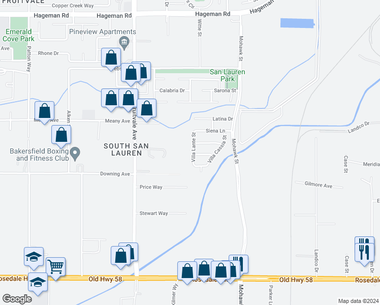 map of restaurants, bars, coffee shops, grocery stores, and more near 3503 Villa Lante Street in Bakersfield