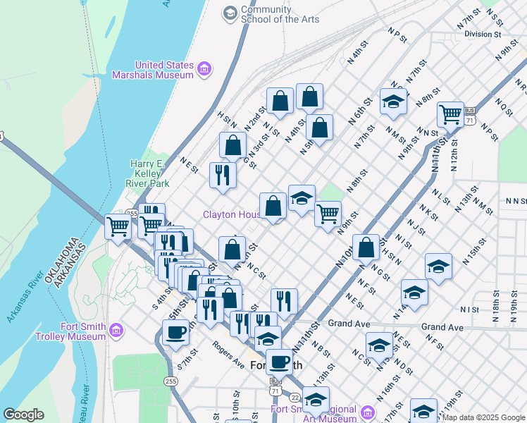 map of restaurants, bars, coffee shops, grocery stores, and more near 523 North 5th Street in Fort Smith