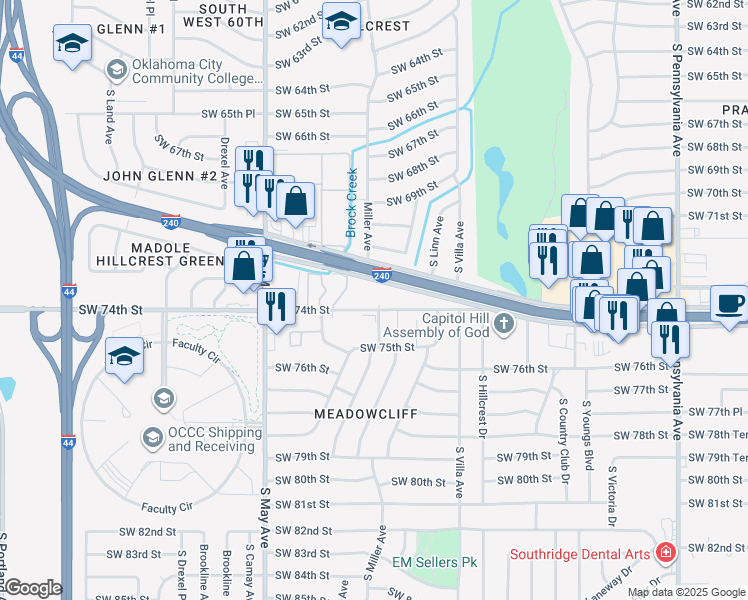 map of restaurants, bars, coffee shops, grocery stores, and more near 2600 West I 240 Frontage Road in Oklahoma City