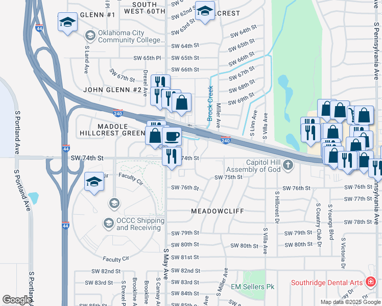 map of restaurants, bars, coffee shops, grocery stores, and more near 2681 Southwest 74th Street in Oklahoma City