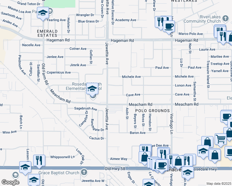 map of restaurants, bars, coffee shops, grocery stores, and more near 11200 Cave Avenue in Bakersfield