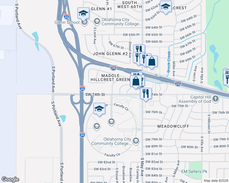map of restaurants, bars, coffee shops, grocery stores, and more near 7405 South Drexel Place in Oklahoma City