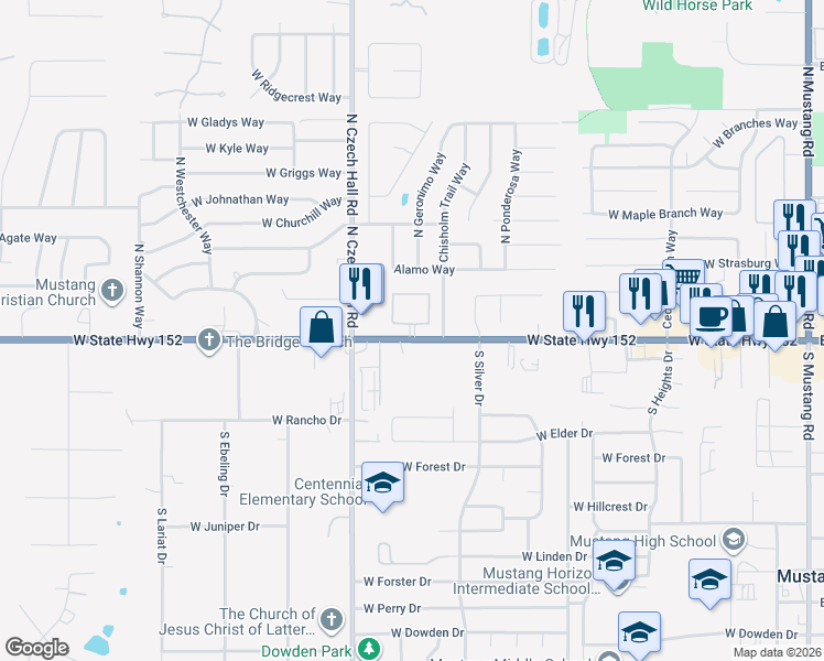 map of restaurants, bars, coffee shops, grocery stores, and more near 731 West Celestial Way in Mustang