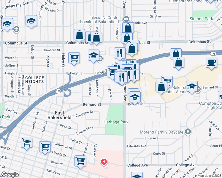 map of restaurants, bars, coffee shops, grocery stores, and more near 2617 Floral Drive in Bakersfield