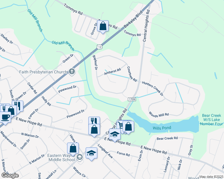 map of restaurants, bars, coffee shops, grocery stores, and more near 315 Bayleaf Drive in Goldsboro