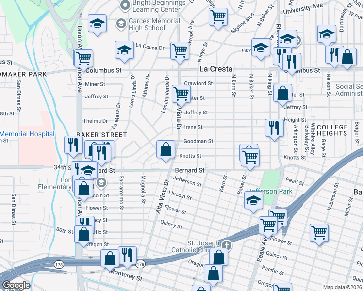 map of restaurants, bars, coffee shops, grocery stores, and more near 2111 Alta Vista Drive in Bakersfield