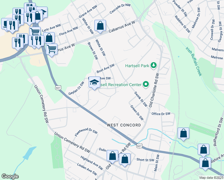 map of restaurants, bars, coffee shops, grocery stores, and more near 647 Sunderland Road Southwest in Concord