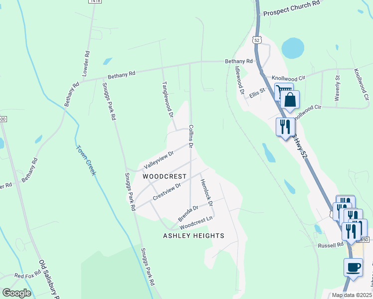 map of restaurants, bars, coffee shops, grocery stores, and more near 504 Valleyview Drive in Albemarle