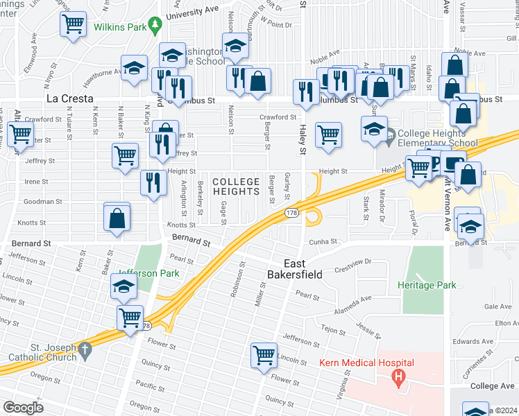map of restaurants, bars, coffee shops, grocery stores, and more near 2221 Robinson Street in Bakersfield