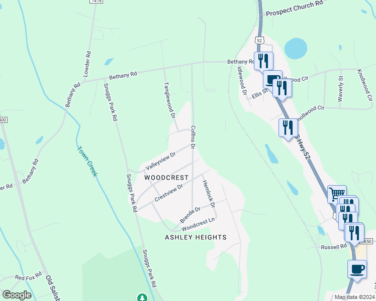 map of restaurants, bars, coffee shops, grocery stores, and more near 507 Valleyview Drive in Albemarle