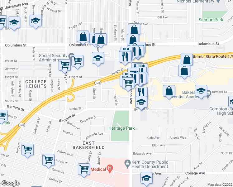map of restaurants, bars, coffee shops, grocery stores, and more near 2617 Floral Drive in Bakersfield
