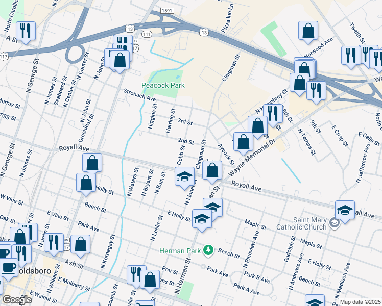 map of restaurants, bars, coffee shops, grocery stores, and more near 715 1st Street in Goldsboro