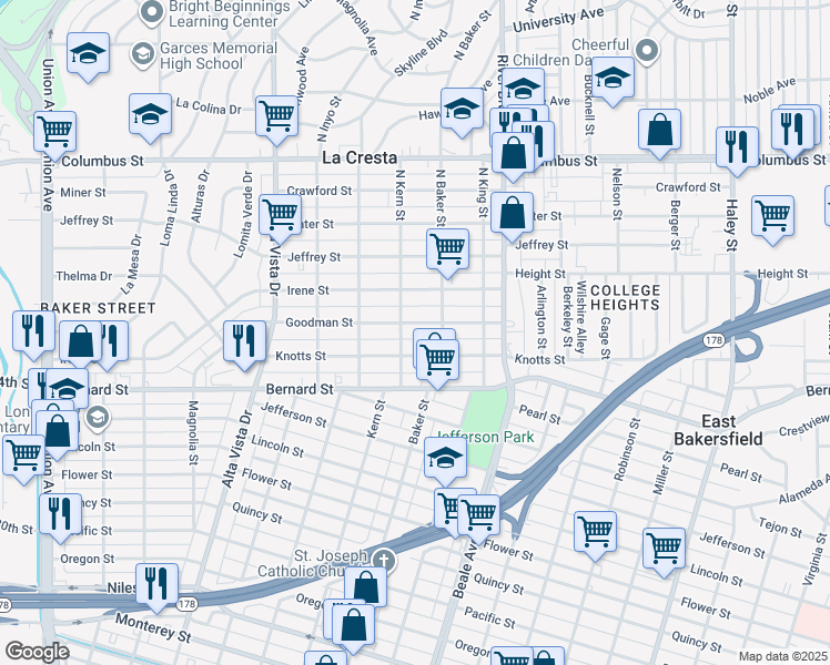 map of restaurants, bars, coffee shops, grocery stores, and more near 607 Goodman Street in Bakersfield