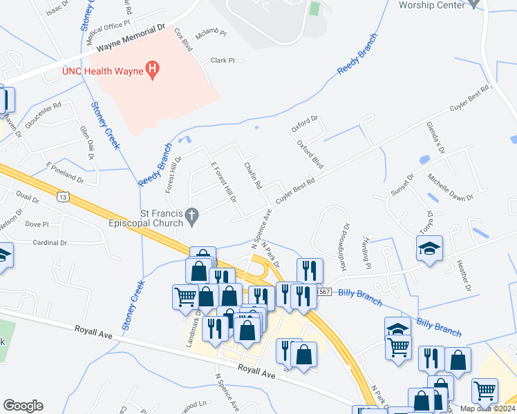 map of restaurants, bars, coffee shops, grocery stores, and more near 501 East Chafin Road in Goldsboro