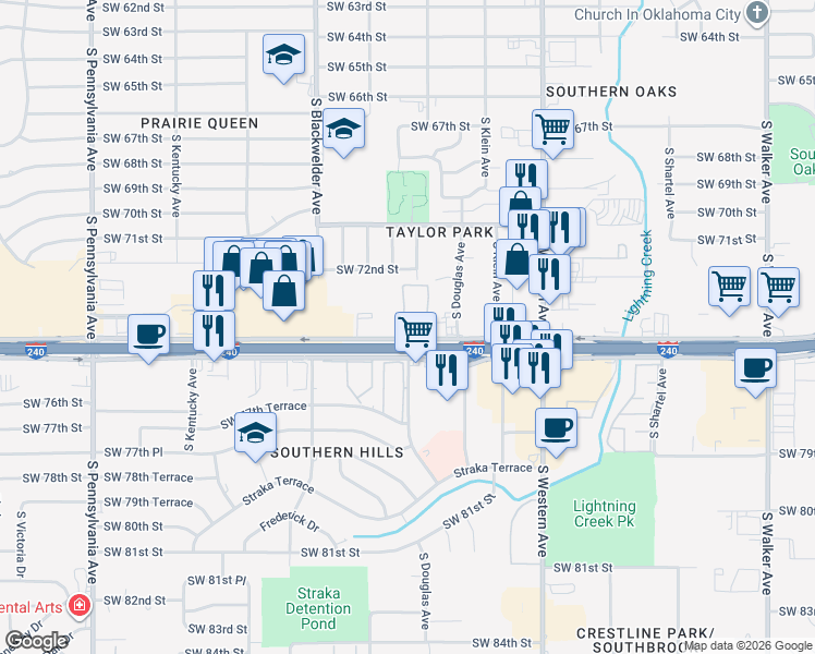 map of restaurants, bars, coffee shops, grocery stores, and more near 1145 West Interstate 240 Service Road in Oklahoma City