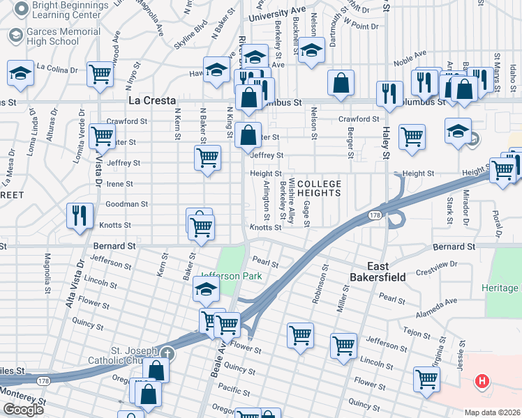 map of restaurants, bars, coffee shops, grocery stores, and more near 2233 Arlington Street in Bakersfield