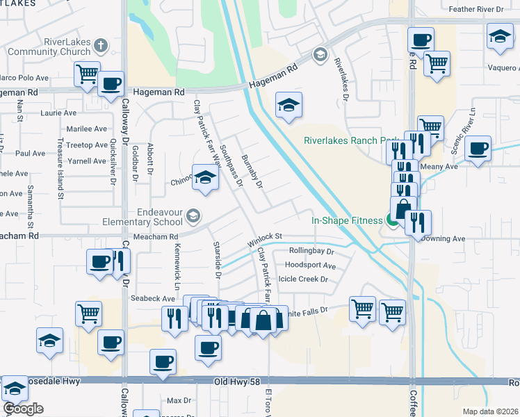 map of restaurants, bars, coffee shops, grocery stores, and more near 3511 Burnaby Drive in Bakersfield