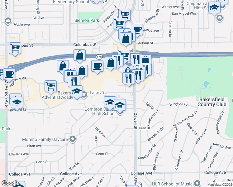 map of restaurants, bars, coffee shops, grocery stores, and more near 3500 Bernard Street in Bakersfield