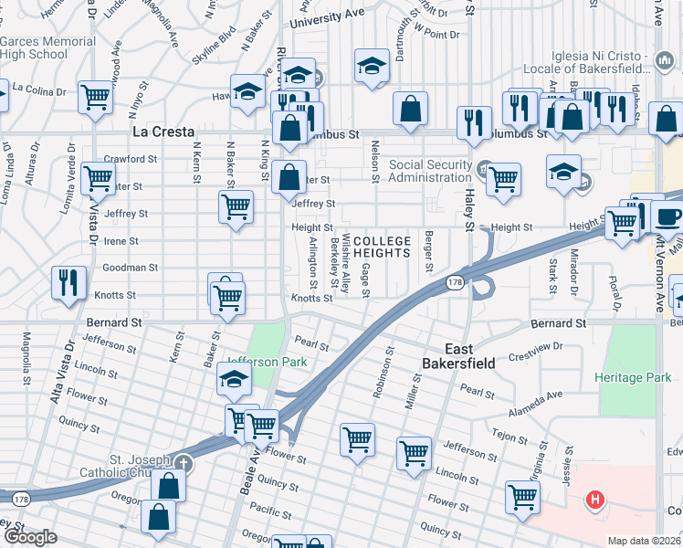 map of restaurants, bars, coffee shops, grocery stores, and more near 2227 Berkeley Street in Bakersfield