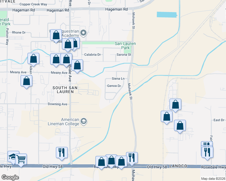 map of restaurants, bars, coffee shops, grocery stores, and more near 5921 Genoa Drive in Bakersfield
