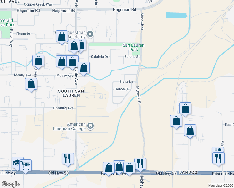 map of restaurants, bars, coffee shops, grocery stores, and more near 5921 Genoa Drive in Bakersfield