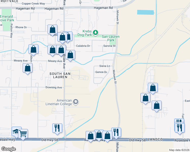 map of restaurants, bars, coffee shops, grocery stores, and more near 5921 Genoa Drive in Bakersfield