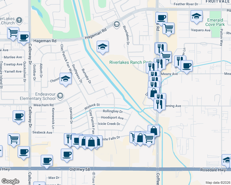 map of restaurants, bars, coffee shops, grocery stores, and more near 8606 Tekoa Court in Bakersfield