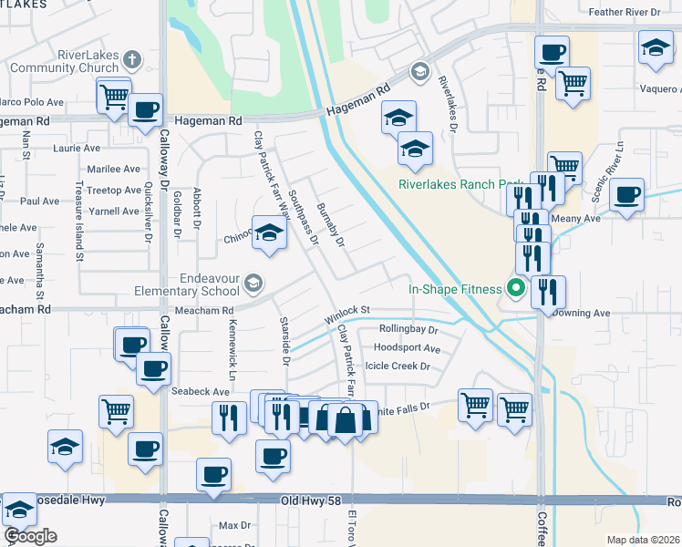 map of restaurants, bars, coffee shops, grocery stores, and more near 3511 Burnaby Drive in Bakersfield