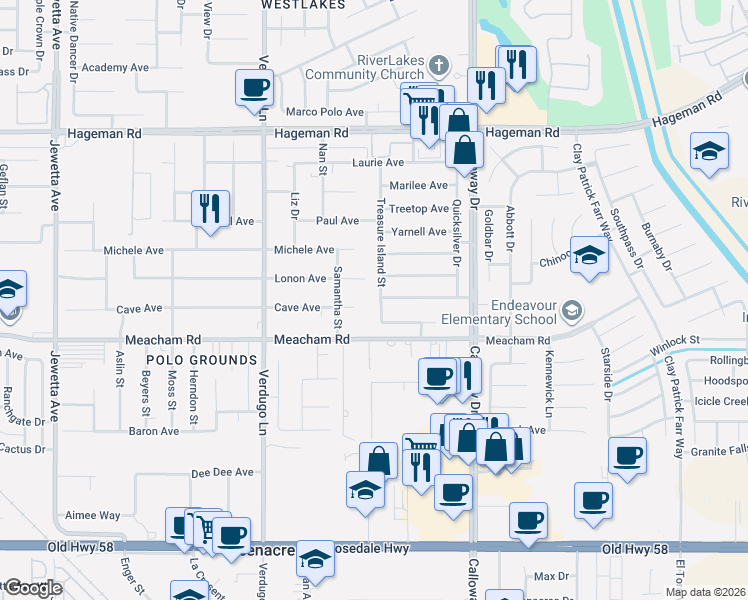 map of restaurants, bars, coffee shops, grocery stores, and more near 10012 Tuscarora Drive in Bakersfield
