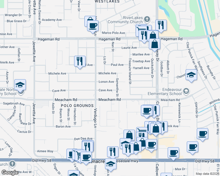 map of restaurants, bars, coffee shops, grocery stores, and more near 10209 Lonon Avenue in Bakersfield