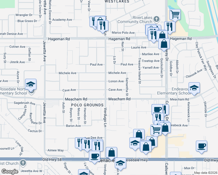 map of restaurants, bars, coffee shops, grocery stores, and more near 10401 Lonon Avenue in Bakersfield