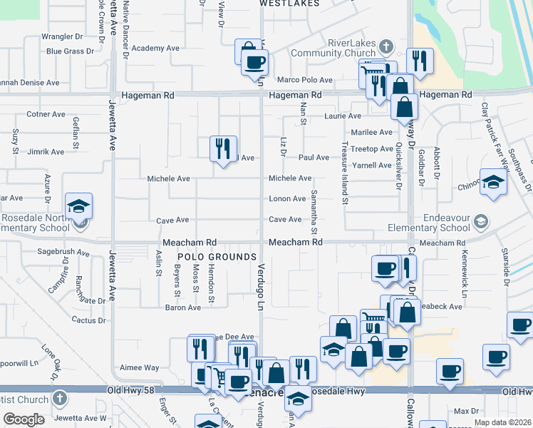 map of restaurants, bars, coffee shops, grocery stores, and more near 10401 Lonon Avenue in Bakersfield
