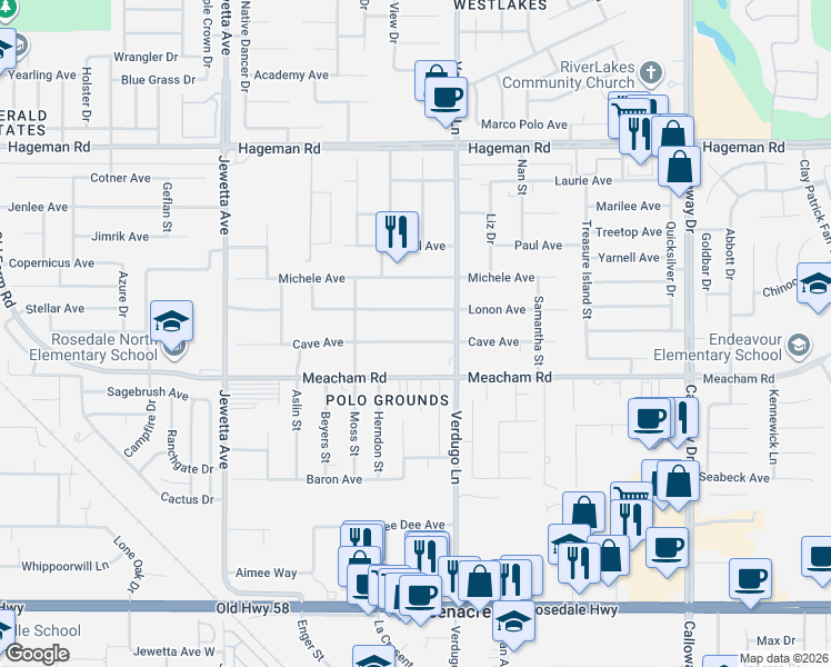 map of restaurants, bars, coffee shops, grocery stores, and more near 10613 Lonon Avenue in Bakersfield
