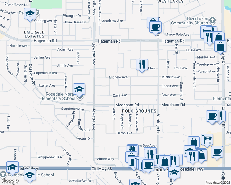 map of restaurants, bars, coffee shops, grocery stores, and more near 3508 Mehgan Avenue in Bakersfield