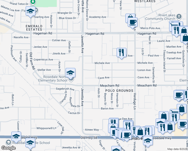 map of restaurants, bars, coffee shops, grocery stores, and more near 3508 Mehgan Avenue in Bakersfield