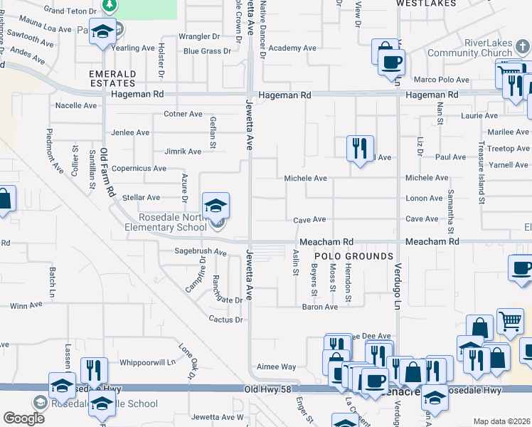 map of restaurants, bars, coffee shops, grocery stores, and more near 11207 Lonon Avenue in Bakersfield