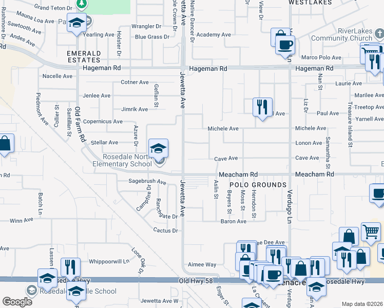 map of restaurants, bars, coffee shops, grocery stores, and more near 11207 Lonon Avenue in Bakersfield