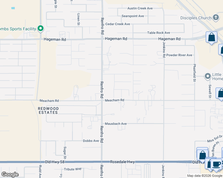 map of restaurants, bars, coffee shops, grocery stores, and more near 14313 Edenderry Avenue in Bakersfield