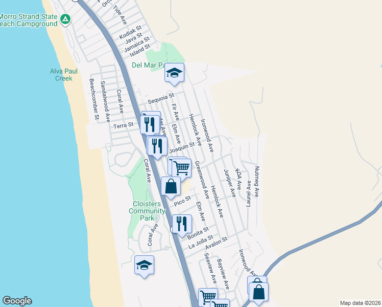 map of restaurants, bars, coffee shops, grocery stores, and more near 2798 Fir Avenue in Morro Bay