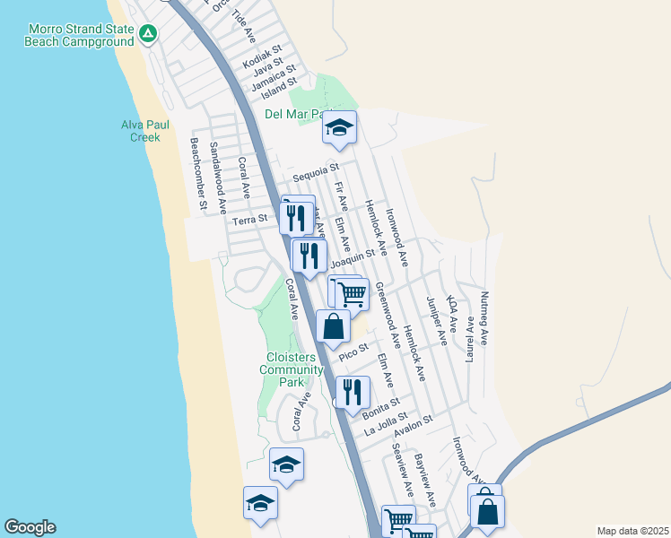 map of restaurants, bars, coffee shops, grocery stores, and more near 397 San Joaquin Street in Morro Bay