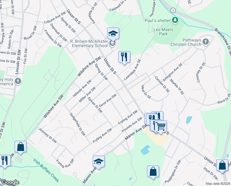 map of restaurants, bars, coffee shops, grocery stores, and more near 652 Spring Street Southwest in Concord