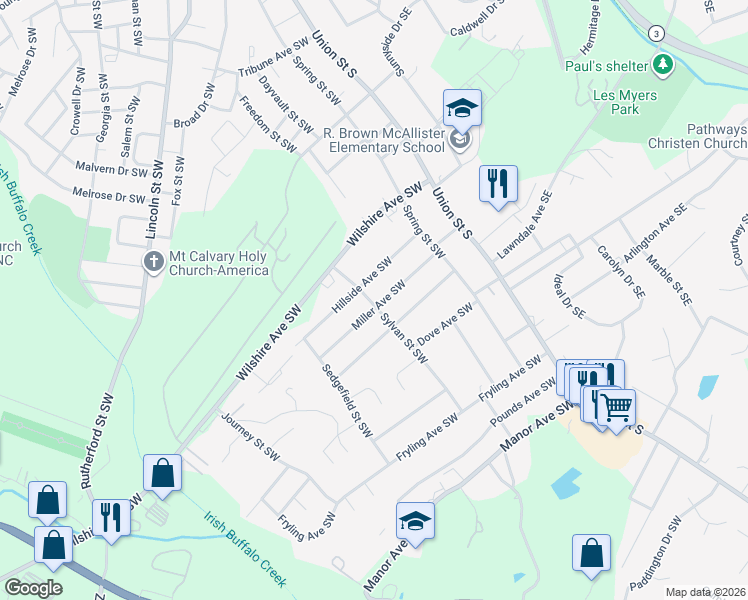 map of restaurants, bars, coffee shops, grocery stores, and more near 118 Miller Avenue Southwest in Concord