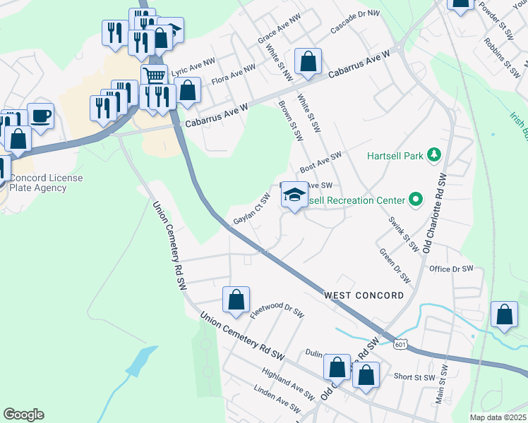 map of restaurants, bars, coffee shops, grocery stores, and more near 721 Gaylan Court Southwest in Concord