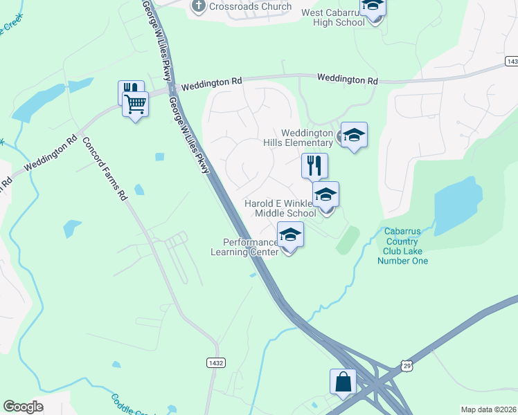 map of restaurants, bars, coffee shops, grocery stores, and more near 1441 Lockhart Place Northwest in Concord