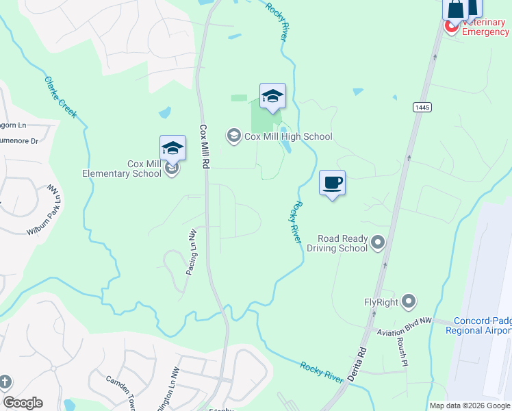 map of restaurants, bars, coffee shops, grocery stores, and more near Cox Mill High School Walking Trail in Concord