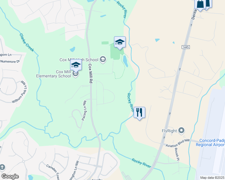 map of restaurants, bars, coffee shops, grocery stores, and more near Cox Mill High School Walking Trail in Concord