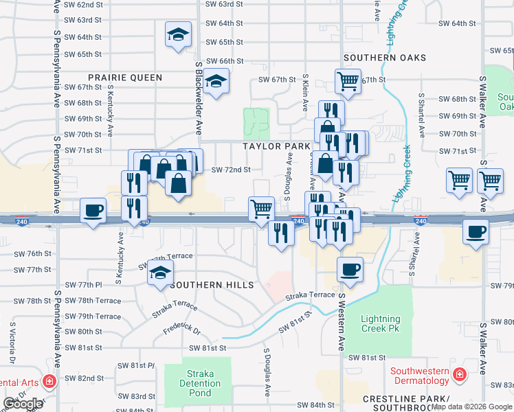 map of restaurants, bars, coffee shops, grocery stores, and more near 1145 West Interstate 240 Service Road in Oklahoma City