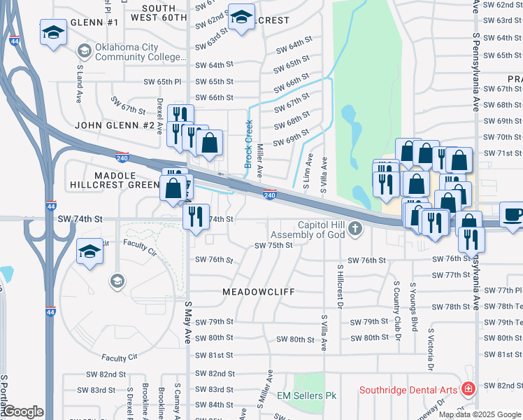 map of restaurants, bars, coffee shops, grocery stores, and more near 2600 West I 240 Frontage Road in Oklahoma City