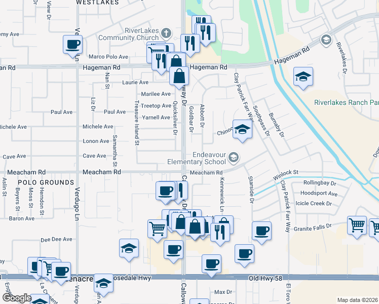 map of restaurants, bars, coffee shops, grocery stores, and more near 3400 Calloway Drive in Bakersfield