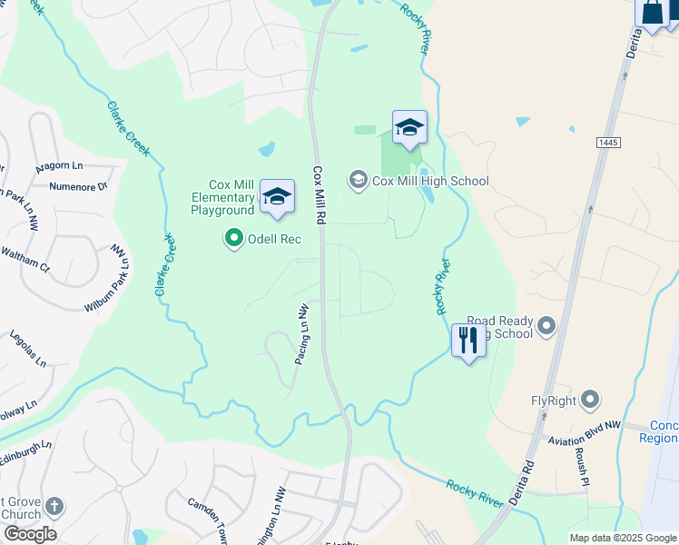 map of restaurants, bars, coffee shops, grocery stores, and more near 1679 Spears Drive Northwest in Concord